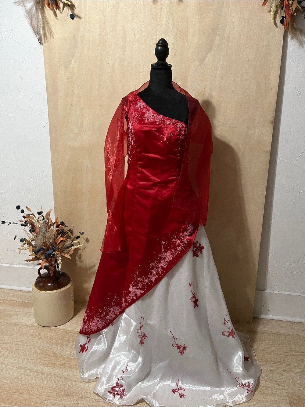 Red and White Embroidered Formal Gown with Sheer Shawl